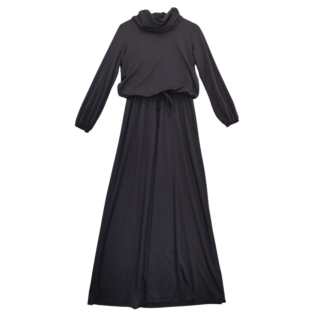 vtg 70's Black Cowl Neck Long Sleeve Maxi Dress Blouson Polyester Knit fits‎ 8